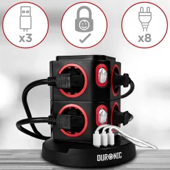 ET8W Tour multiprise 8 prises 3680W 13A 3x USB recharge sans fil Câble 1,8m Parasurtenseur protection surtension Duronic