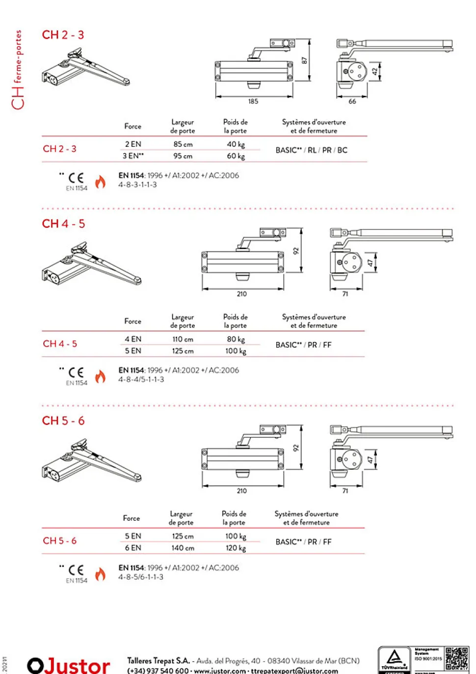 Ferme portes haute performance premium, Force réglable de 4 à 5, corps en Aluminium argent.