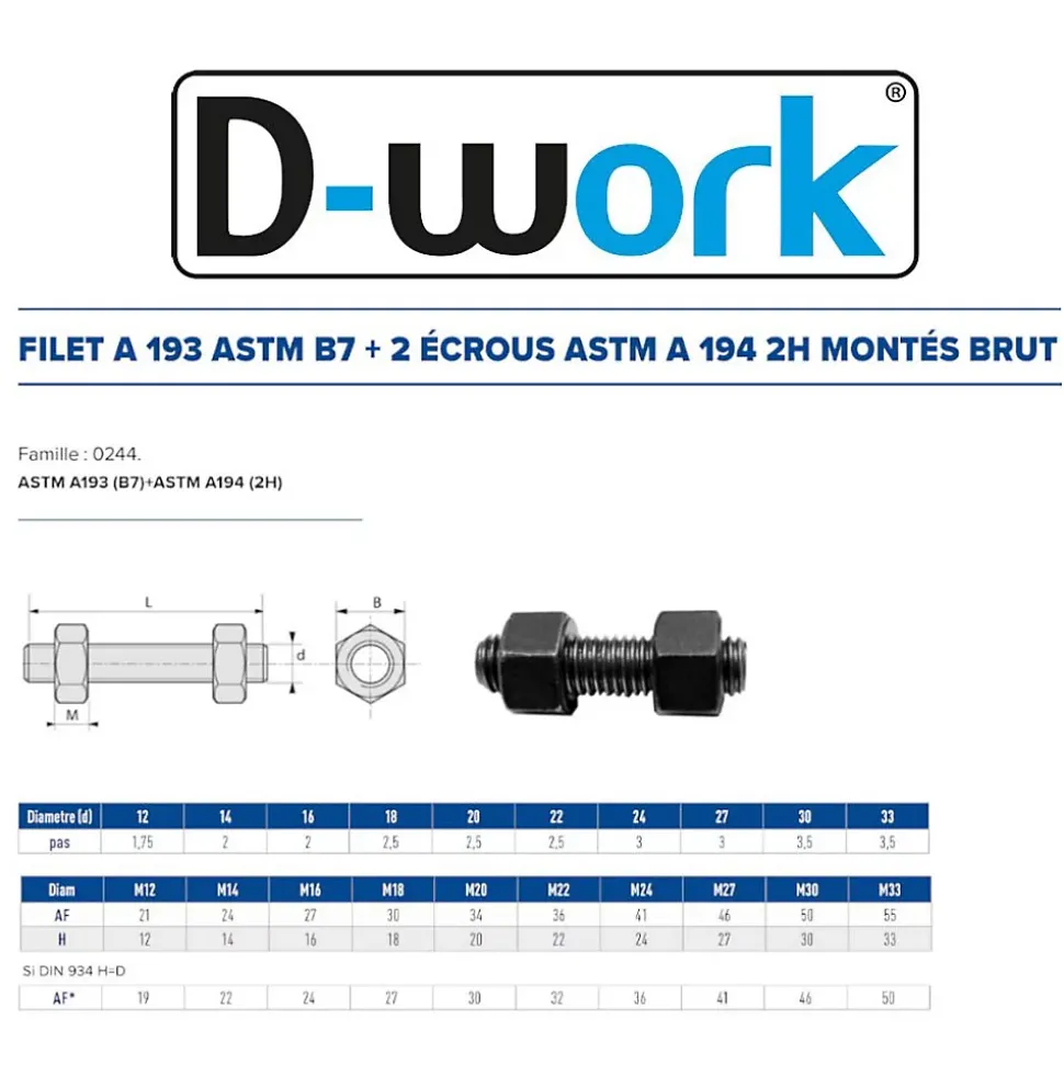 10 Filets et 2 Ecrous Montés D. 18 x 100 mm - ASTM A193 et ASTM A194 - Brut - D-Work