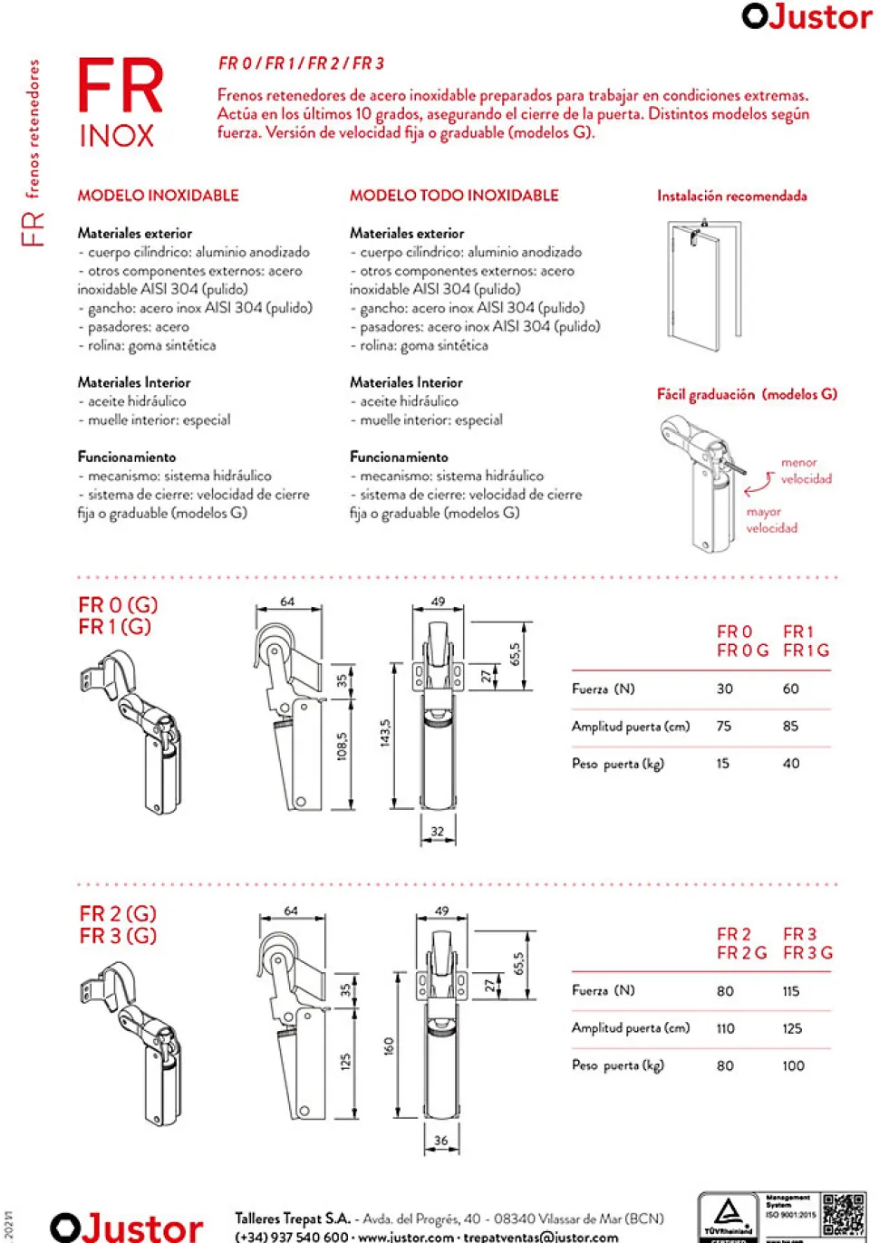 Frein de rétention force 80 N en acier inox 304, pour porte jusquà 80 KG.