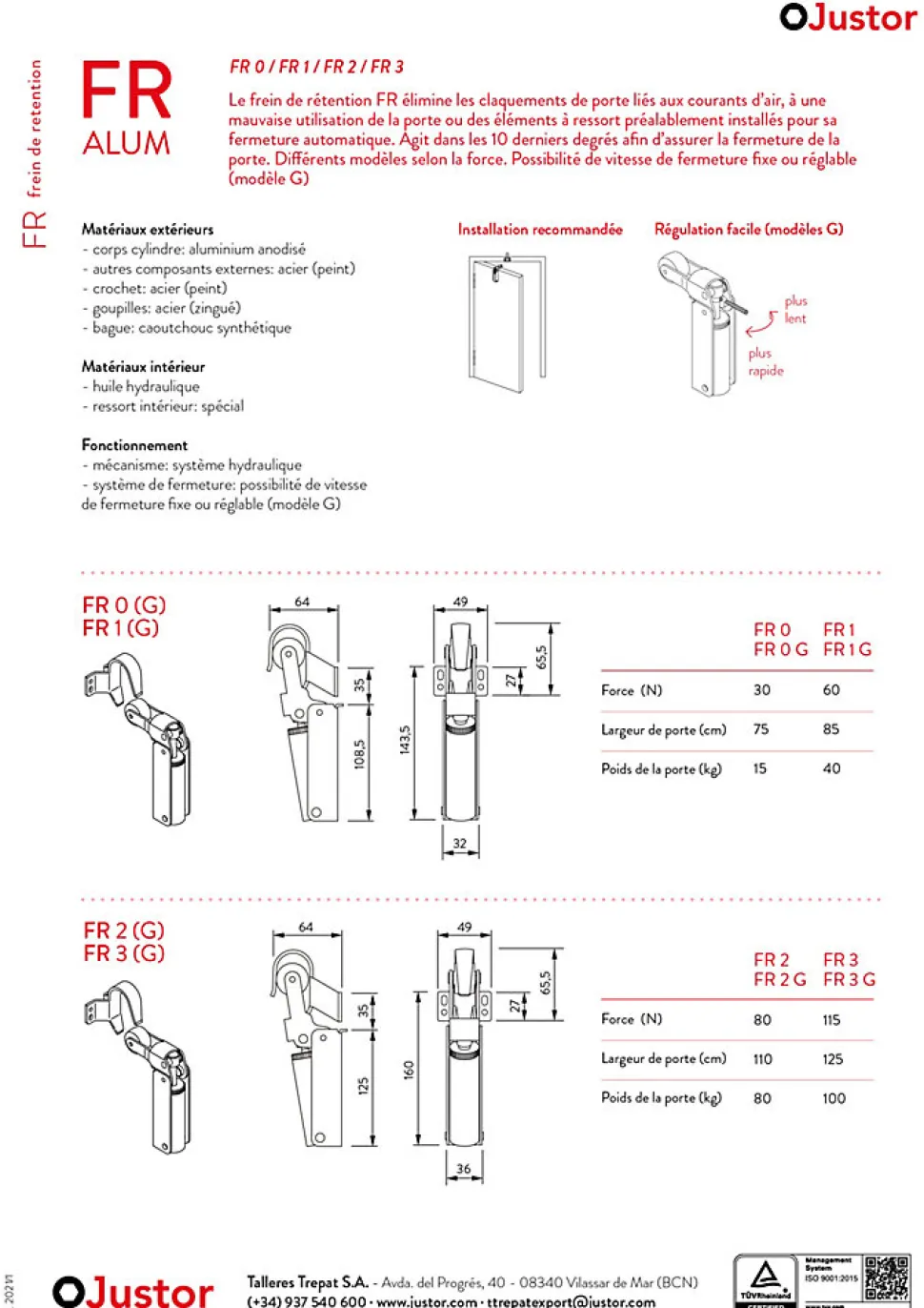 Frein de rétention force 115 N, totalement en acier inox 304, pour porte jusquà 100 KG.