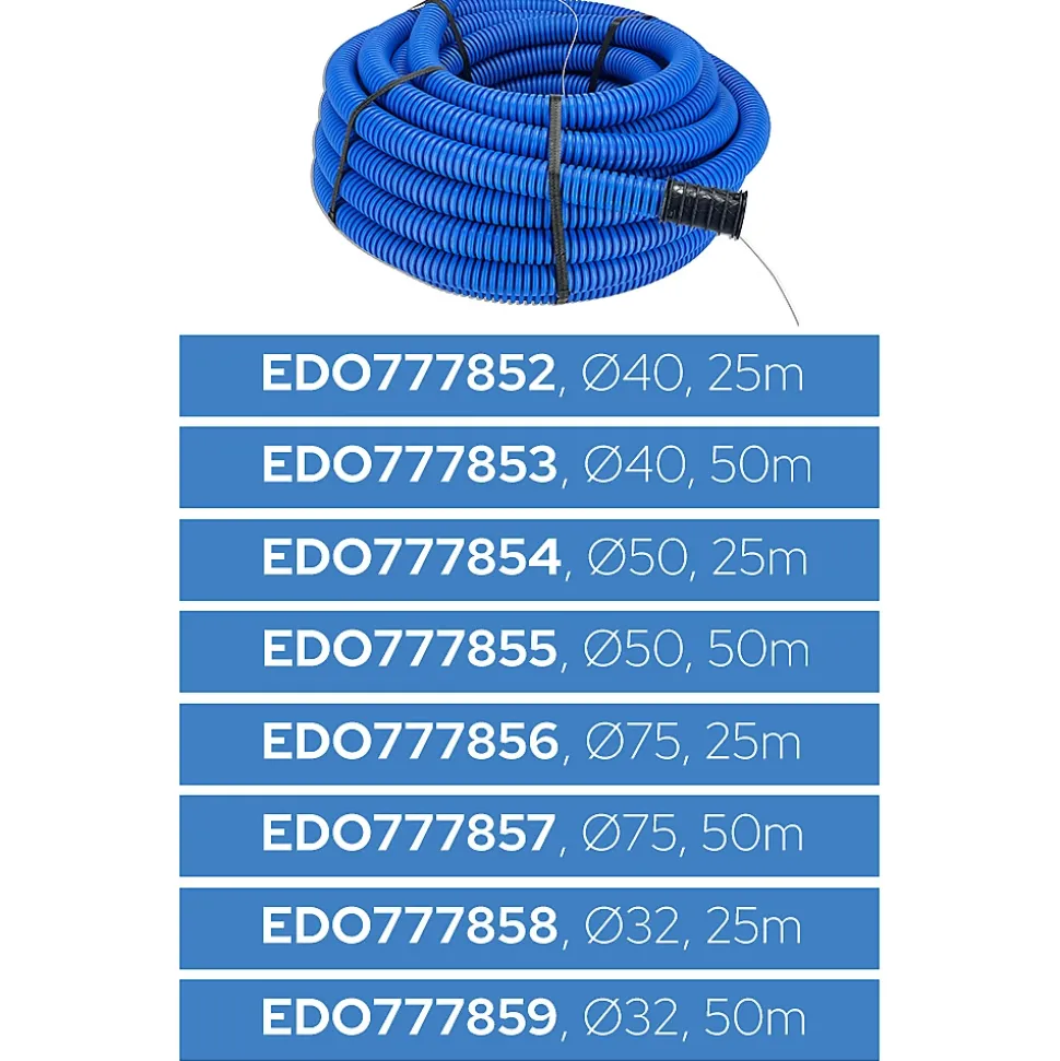 Gaine électrique enterrée FI50 mm 25 m EDO annelée double paroi avec tire fil et manchon 450 N bleue EDO