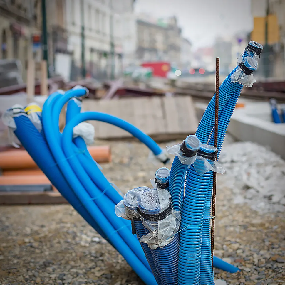 Gaine électrique enterrée FI50 mm 25 m EDO annelée double paroi avec tire fil et manchon 450 N bleue EDO