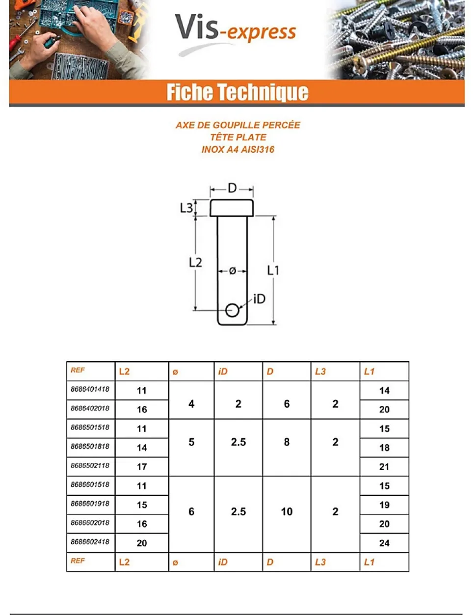 Goupille Tête plate 10X64 Percée 3 Inox A4 - 5 pièces