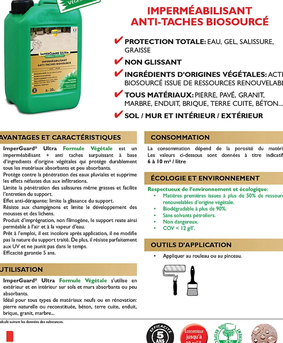 ImperGuard Ultra Formule Végétale Imperméabilisant Super Antitache Incolore Toute Pierre 5L 50m2