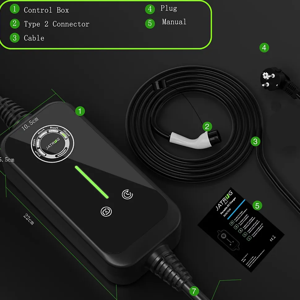 JATRHG P1 chargeur portable réglable de 3,6kW à 1,5kW / 16A à 8A monophasé, 5m, type 2, pour véhicules électriques