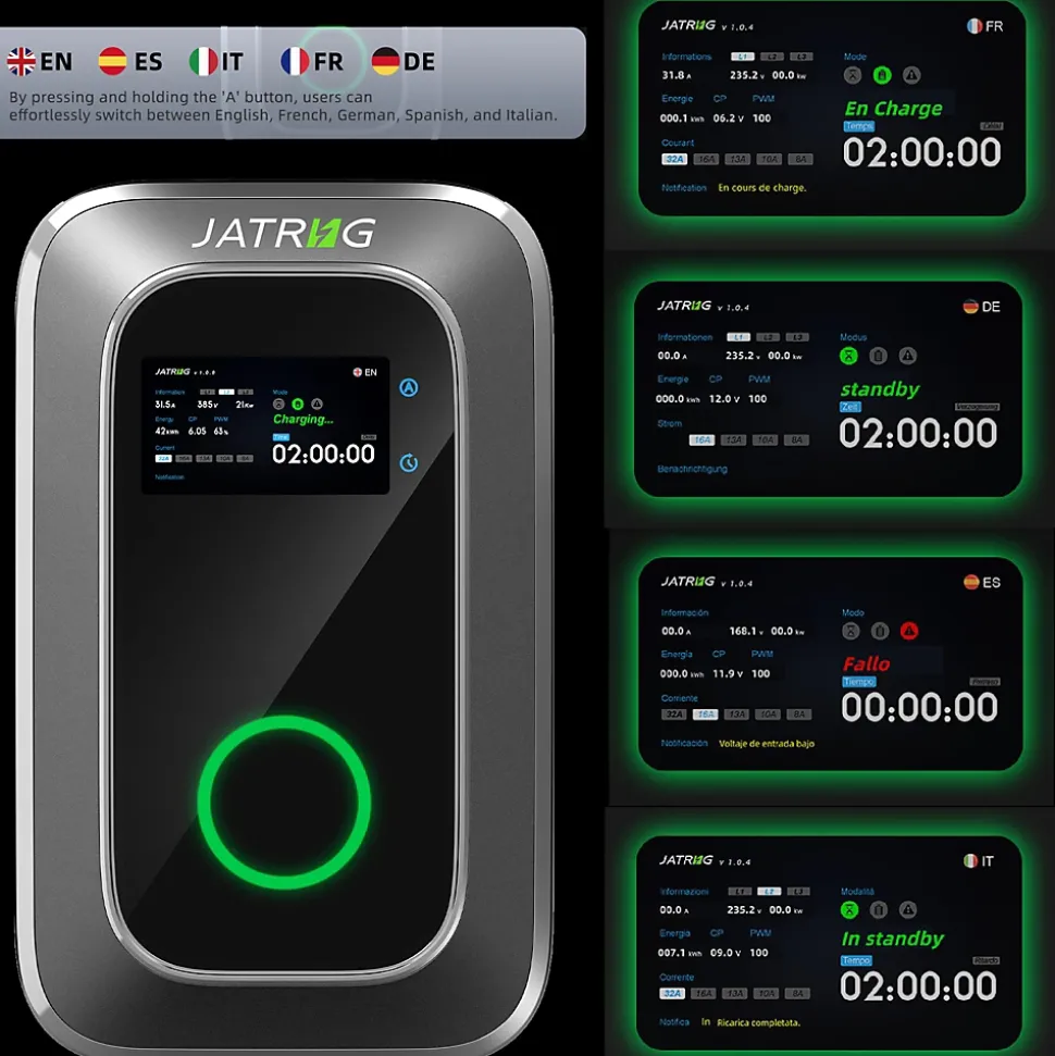 JATRHG S1 borne de recharge IP66 pour véhicules électriques, 22 kW / 32 A, triphasé, avec câble type 2 de 12 m