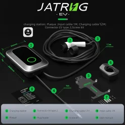 JATRHG S1 borne de recharge IP66 pour véhicules électriques, 7,2 kW / 32 A, monophasé, avec câble type 2 de 12 m