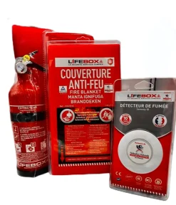 Kit de sécurité Lifebox (détecteur de fumée 10 ans, extincteur 1 kilo Poudre ABC, couverture anti feu 1mx1m)