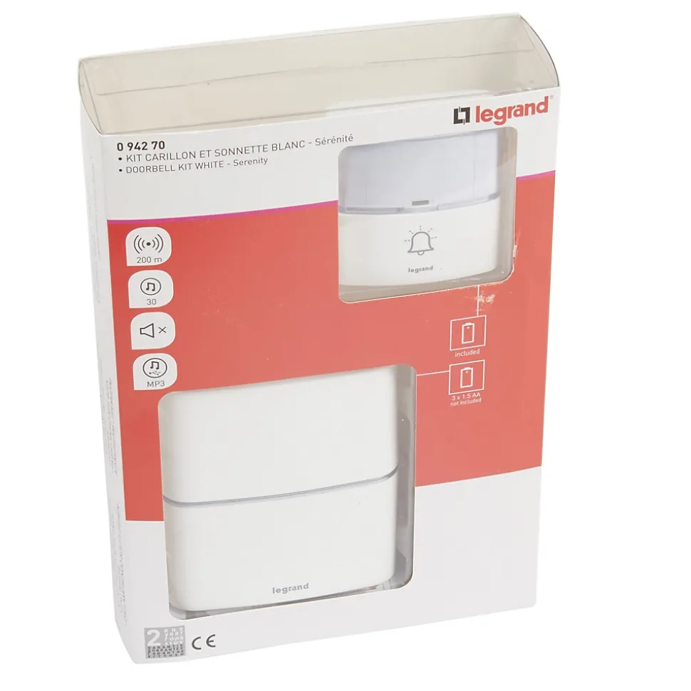 Kit Serénité carillon et sonnette sans fil Legrand 30 mélodies + MP3 alimentation par piles - blanc