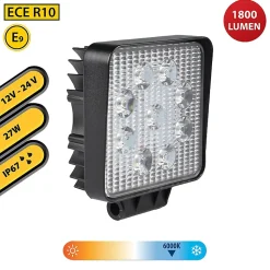 Lampe de travail carrée 12/24 V, 27 W et 1 800 lumens, IP67. Noir