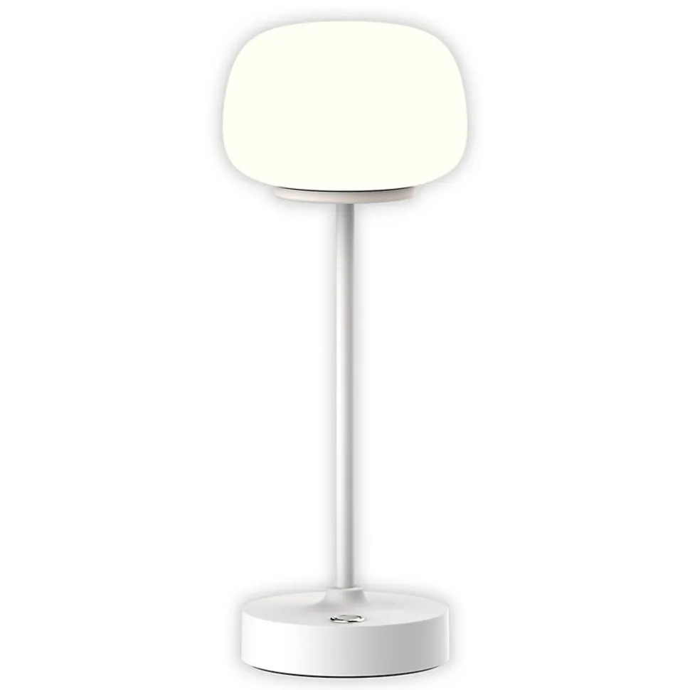 Lampe LED à accu/de table 'PINA' 30 cm de haut, en métal (blanc) et verre (blanc), LEDs intégrés, blanc chaud