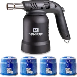 Lampe à souder à gaz Professionnelle Utilisation 360 degrés Chalumeau Gaz Allumage piezo 4 Cartouches gaz Perçables KEMPER