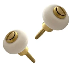 Lot de 2 butoirs sol en zamak laitonné avec vis. Diamètre 30mm, hauteur 30mm. Bague amortisseur en élastomère blanc (caoutchouc).