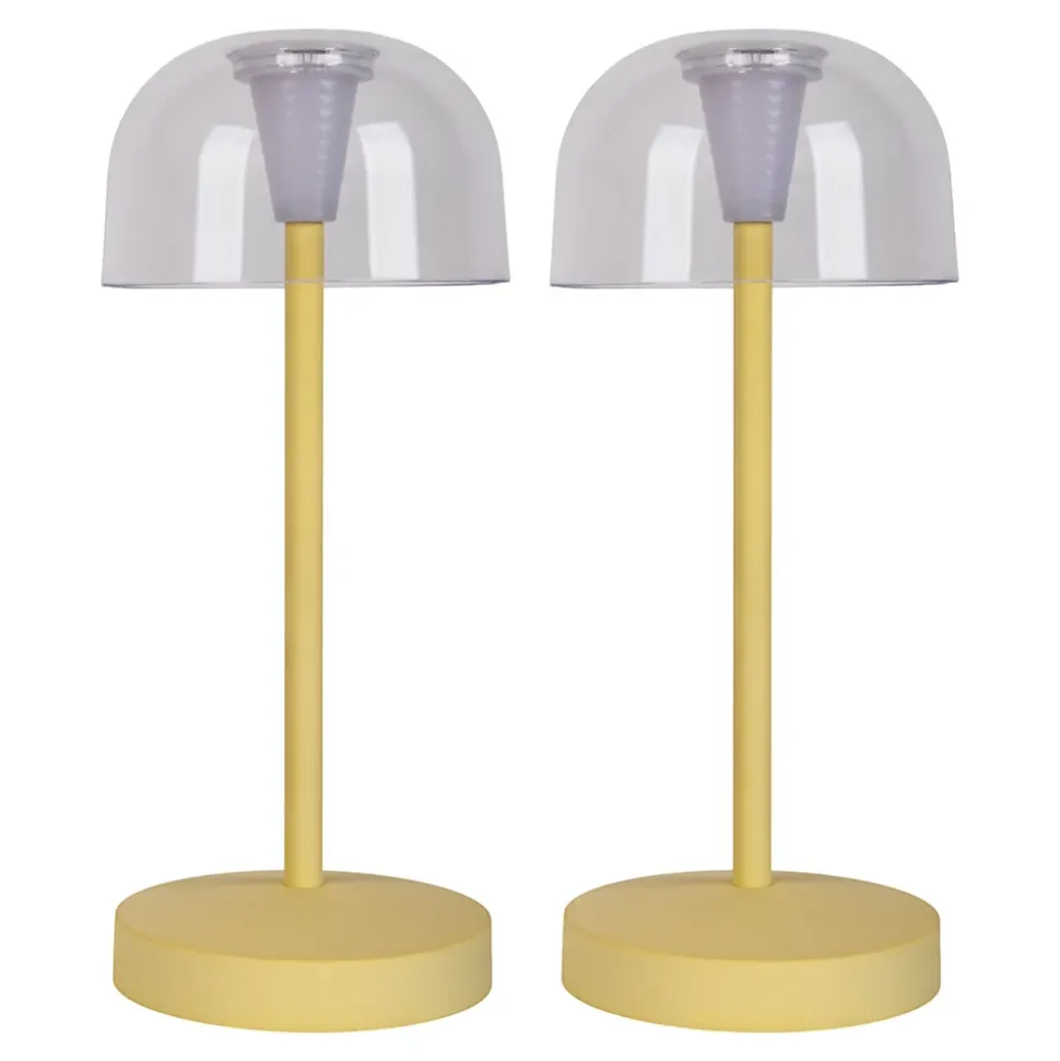 Lot de 2 lampes de table LED rechargeables 'Gomba' pour l'extérieur et l'intérieur, en métal et plastique jaune, hauteur 18,5 cm