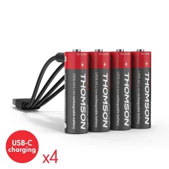 Lot de 4 Piles AA - LR06 Li-ion 1,5V rechargeables par USB-C avec câble multi USB - 520300 Thomson