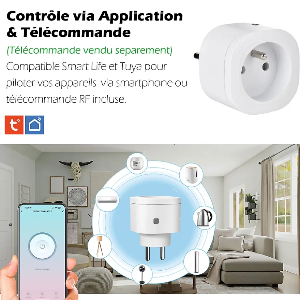 Lot de 3 Prises intérieures 3680W connectées Wifi + Radio fréquence+ 3 Interrupteurs ON/OFF + Télécommande Sans Fil