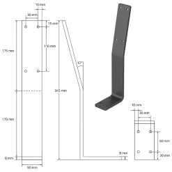 Lot de 2 supports de dossier en acier gris à visser pour siège lit 345x90x50 mm