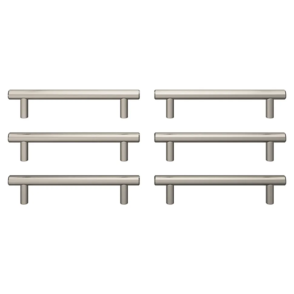 Lot 6 poignées de meuble en T GoodHome Dizel acier effet nickel satin gris l.168mm x l.12mm x H. 35mm entraxe 128mm