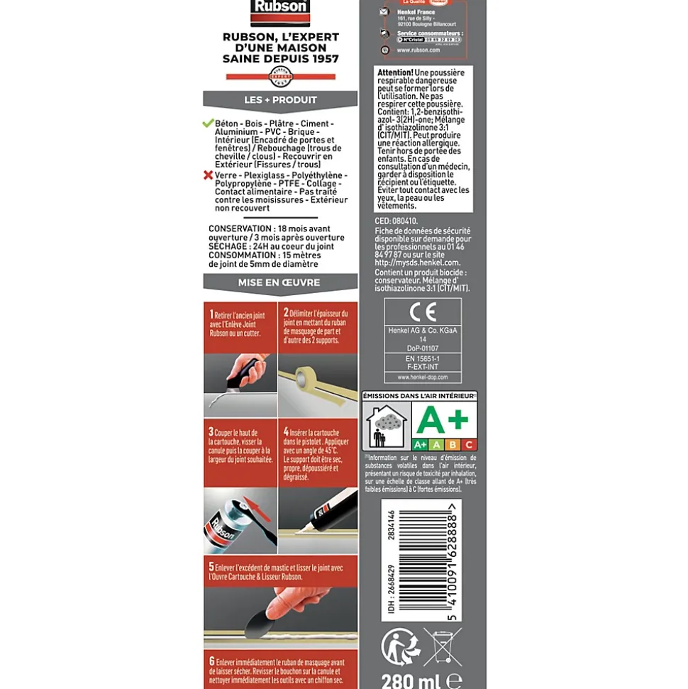 Mastic murs et fenêtres Rubson blanc 280ml