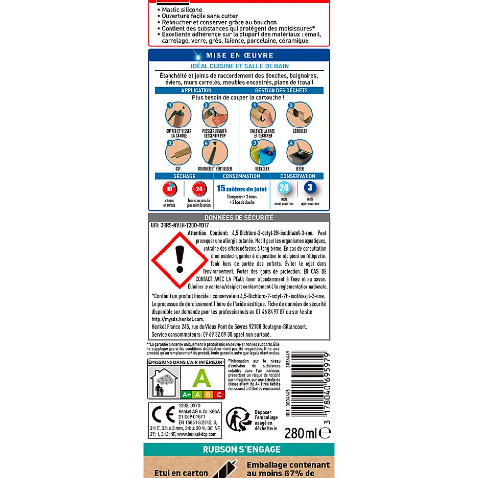 Mastic sanitaire transparent Salle de bain Saine Rubson 280 ml