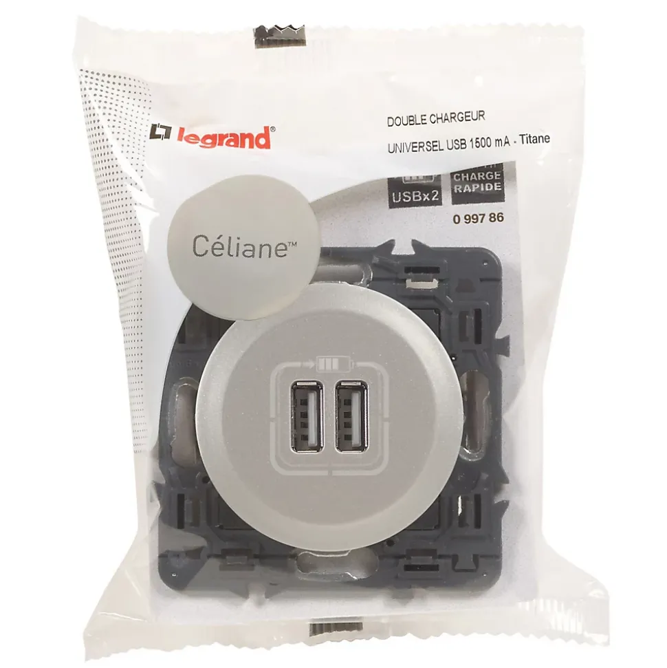 Mécanisme de prise double chargeur USB Legrand Céliane titane