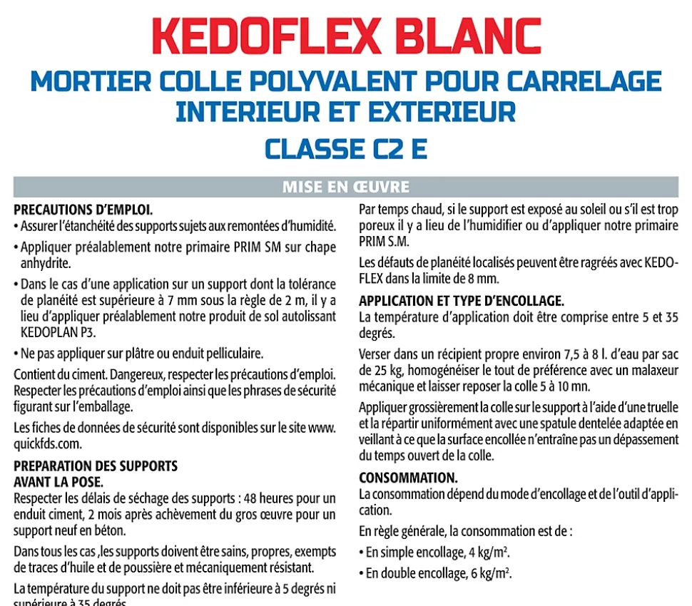 Mortier Colle Polyvalent pour Carrelage Kedoflex Blanc Semin, Intérieur/Extérieur, sac de 25 kg, lot de 3