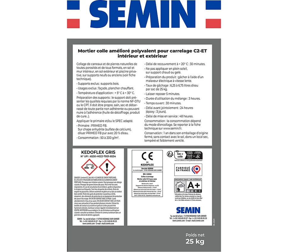 Mortier Colle Polyvalent pour Carrelage Kedoflex Gris Semin, Intérieur/Extérieur, sac de 25 kg, lot de 2