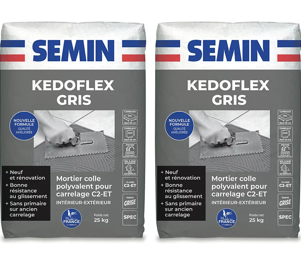 Mortier Colle Polyvalent pour Carrelage Kedoflex Gris Semin, Intérieur/Extérieur, sac de 25 kg, lot de 2