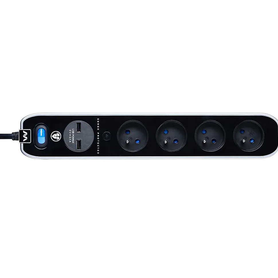 Multiprise parafoudre avec interrupteur 4 prises noir USB 2 m