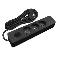 Multiprise SELDUR G3FH32S, 3 prises type E + interrupteur, USB A+C charge rapide 20W, Noir, câble 3m