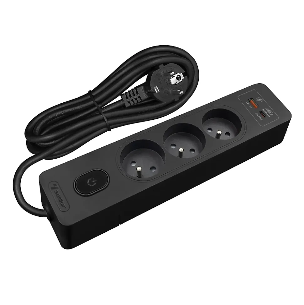 Multiprise SELDUR G3FH32S, 3 prises type E + interrupteur, USB A+C charge rapide 20W, Noir, câble 3m