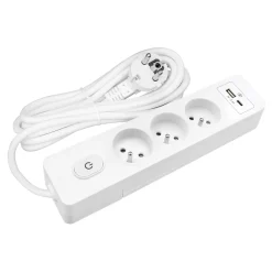 Multiprise SELDUR G3FU22B, 3 prises type E + interrupteur, USB A+C charge standard 12W, Blanc, câble 2m