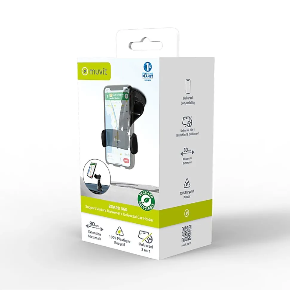 Muvit Support Voiture pour Smartphones Rotatif à 360 Pince Extensible à 80mm Noir