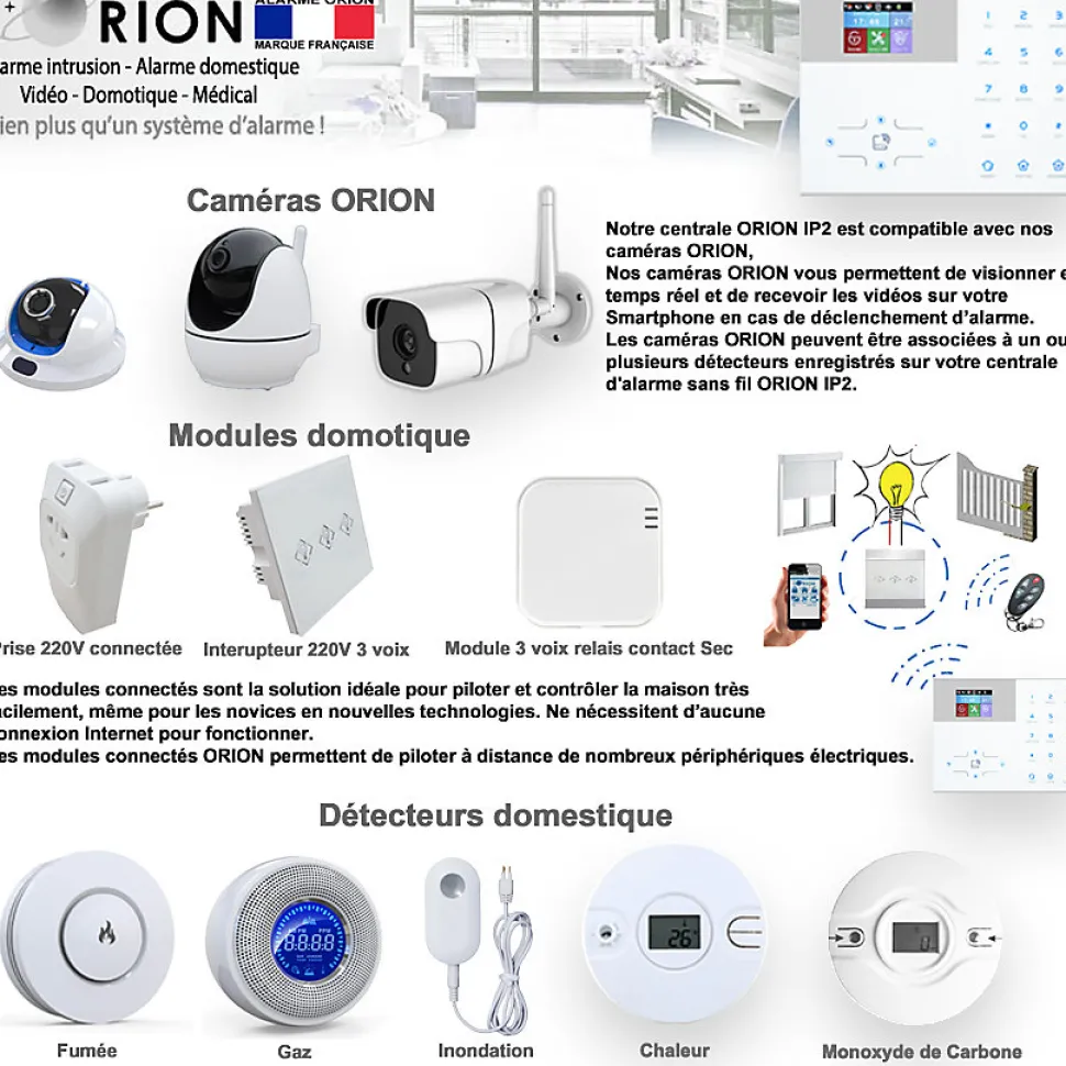 Pack alarme ORION sans fil connectée IP + GSM 4G avec sirène à piles - pour maison 3 à 5 piéces.