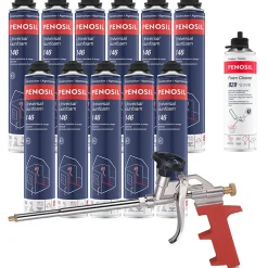 Pack 11 Mousses polyuréthanes Universal Gunfoam 146 pistolable 690ml PENOSIL + Nettoyant FoamCleaner 929 500ml + Pistolet manuel