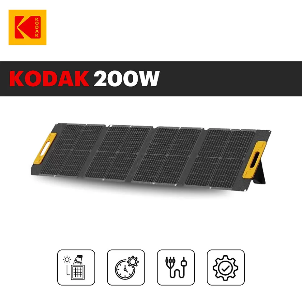 Panneau Solaire Portable KODAK 200W - Rendement 23% - Étanche IP65 - Léger et Pliable - Pieds Réglables - Connexions Multiples