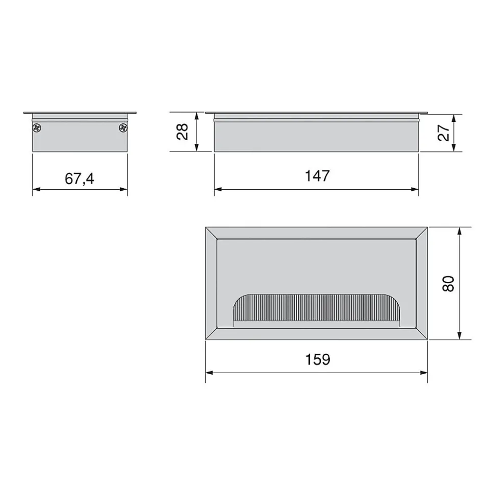 Passe-câbles de table Emuca Quadrum, rectangulaire, 159x80mm, à encastrer, Aluminium, Peint en noir