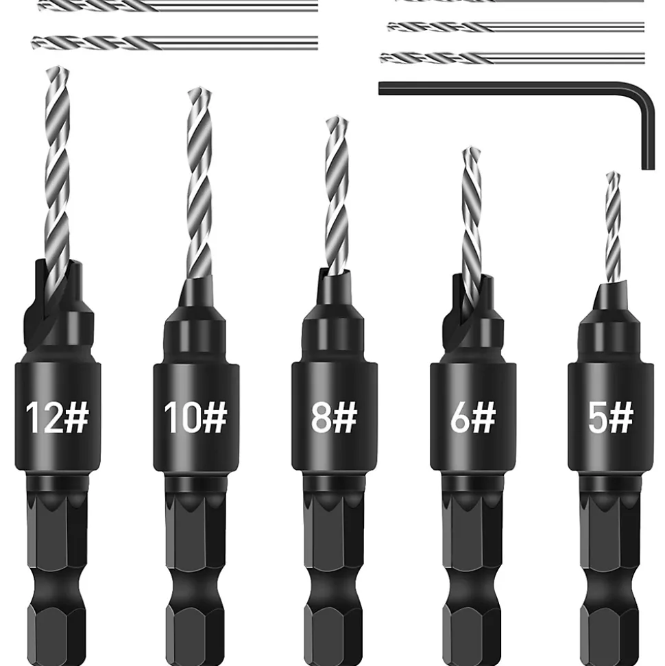 5Pcs Jeu de Forets à Chanfreiner, Jeu de Fraises Tige hexagonale Réglable 1/4" Changement Rapide, Mèches à fraiser remplaçables
