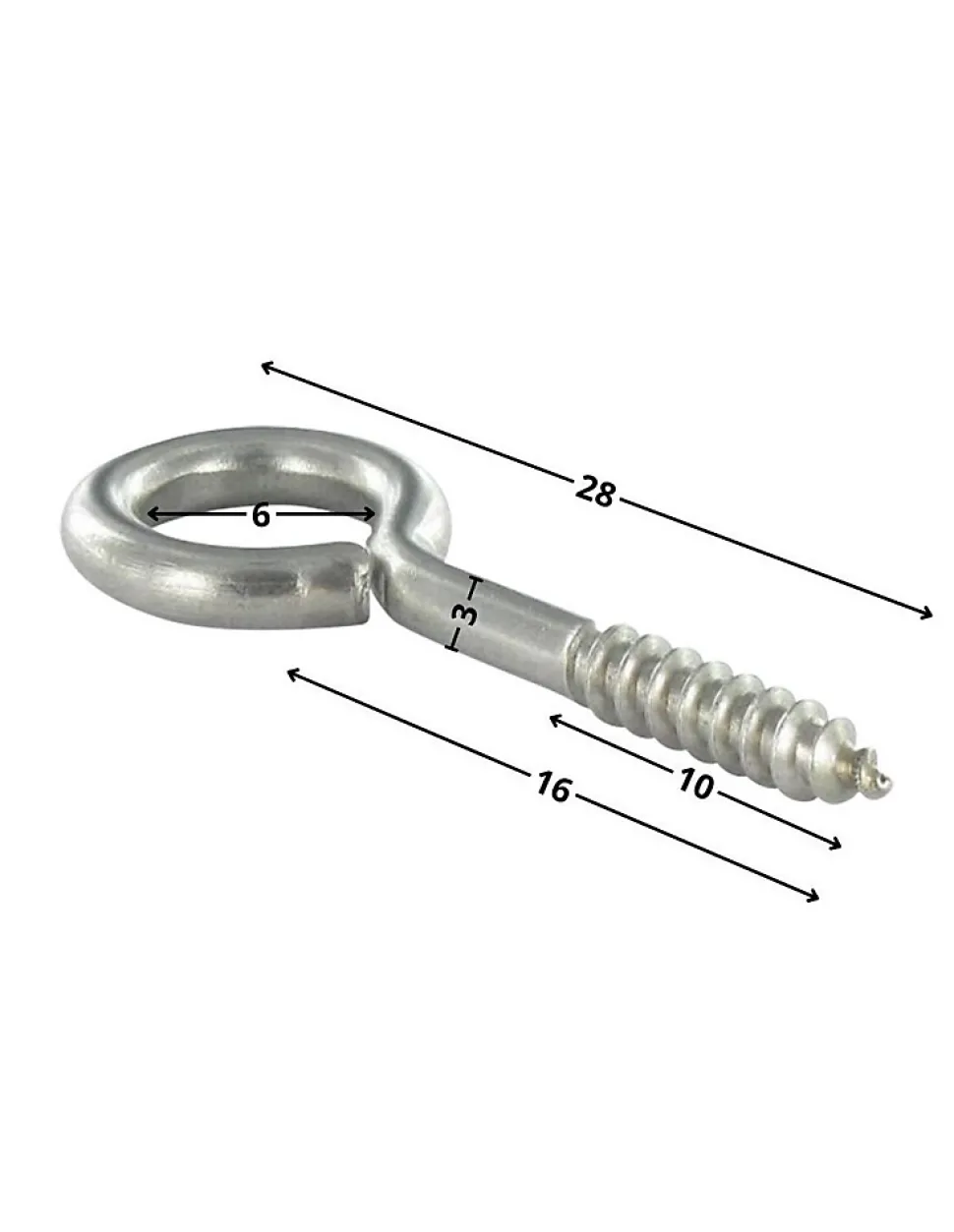 Piton Bois 3X16 Filetée sur 10 Longueur total 28 Oeil 6 Inox A2 - 10 pièces