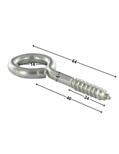 Piton Bois 5X40 Filetée sur 24 Longueur total 64 Oeil 14 Inox A2 - 10 pièces
