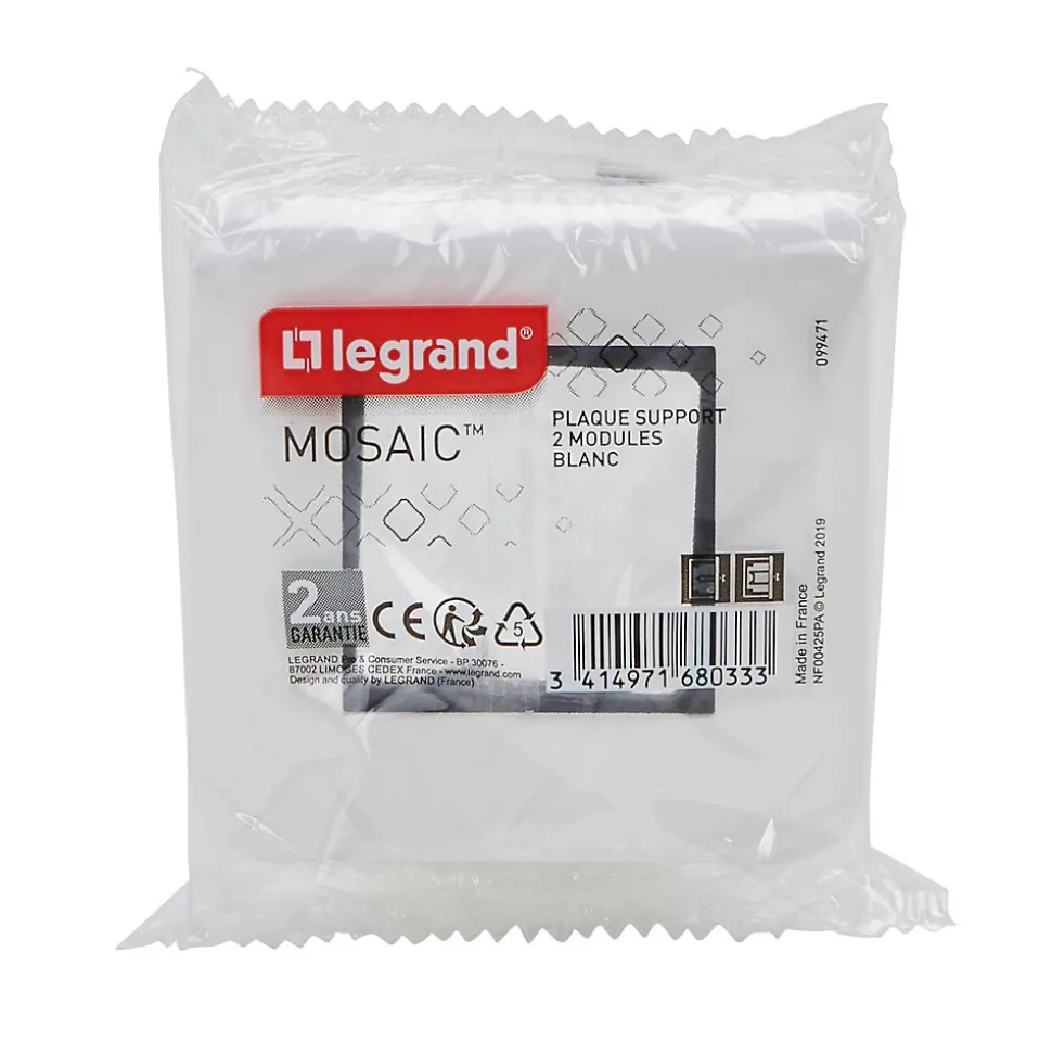 Plaque de finition 2 modules Legrand Mosaïc 0 994 71 coloris blanc l.82 x P.9 x H.82 mm