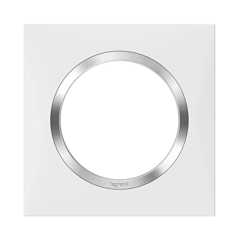 Plaque de finition 1 poste Legrand Dooxie 6 008 41 coloris blanc mat avec bague effet chrome l.87 x P.10 x H.87 mm