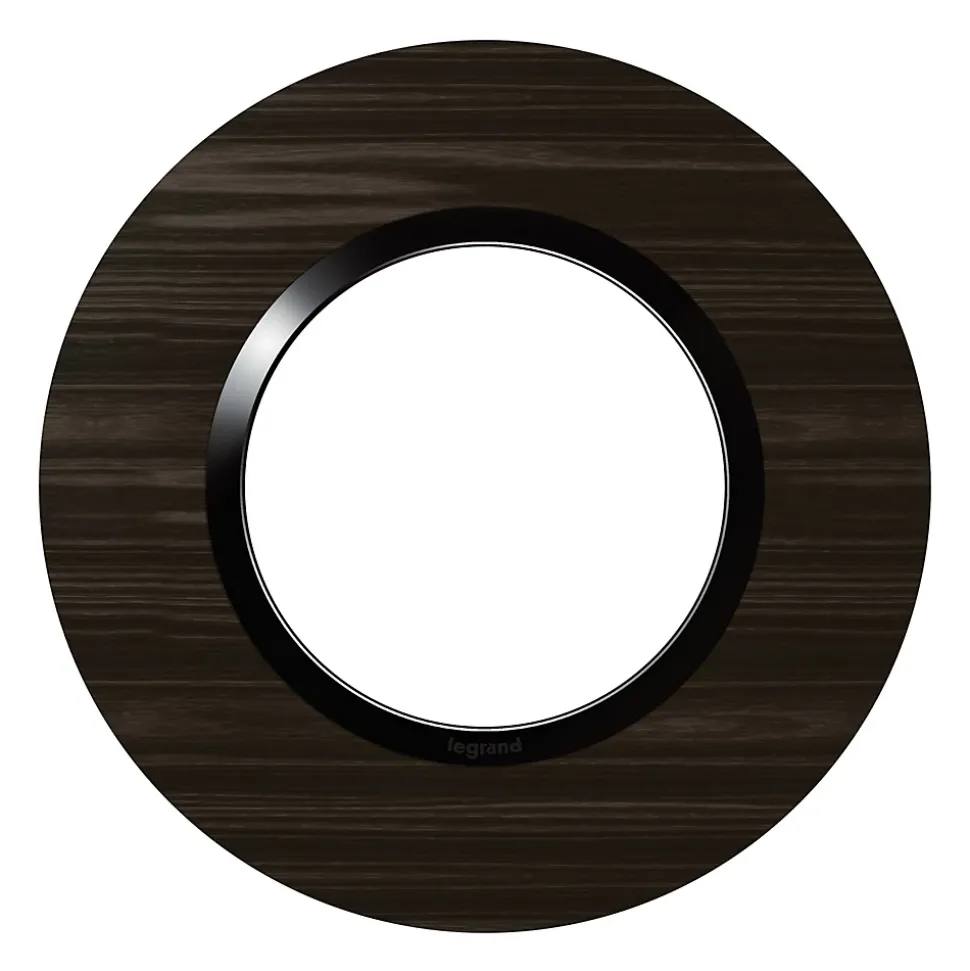 Plaque de finition 1 poste Legrand Dooxie 6 009 79 coloris bois ébène avec bague noire brillante l.100 x P.10 x H.100 mm