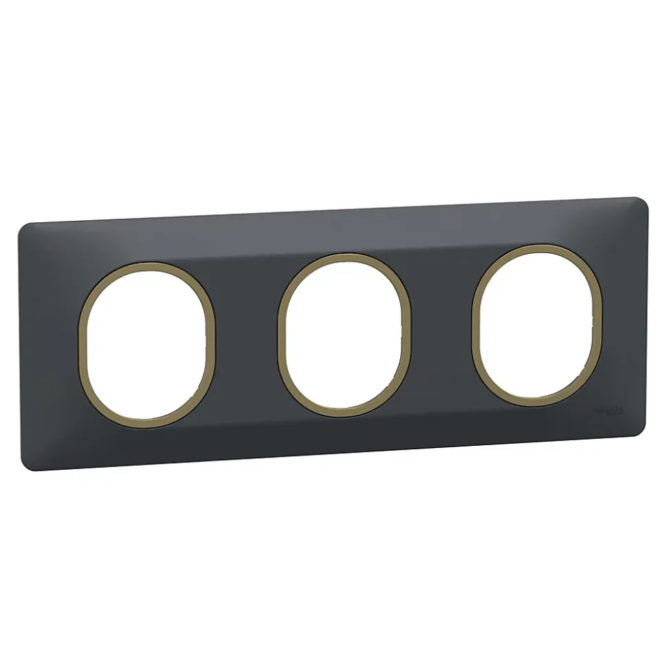 Plaque de finition 3 postes Schneider Electric Ovalis S340706E coloris anthracite avec liseré laiton l.229 x P.10 x H.87 mm