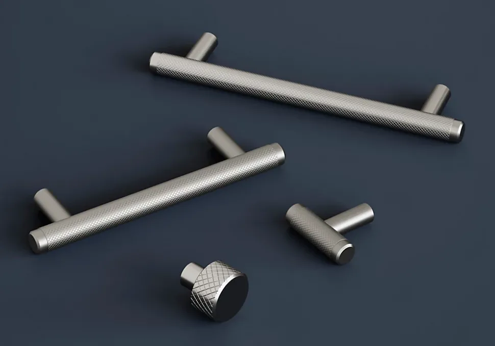 Poignée de meuble en T GoodHome Irus acier effet nickel satin gris l.168mm x l.12mm x H. 35mm entraxe 128mm
