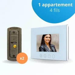 Portier interphone vidéo pino 4 fils pour 2 entrées - 1 appartement - 2 platines - 1 écran blanc 7