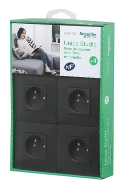 Prise avec terre complète Schneider Electric Unica Déco anthracite, lot de 4