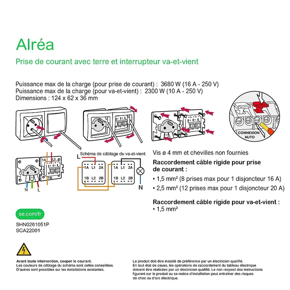 Prise avec terre + interrupteur va-et-vient complets saillie Schneider Electric Alréa blanc