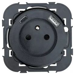 Prise avec terre Jacobsen Espen noir à composer + 1xUSB-A + 1xUSB-C